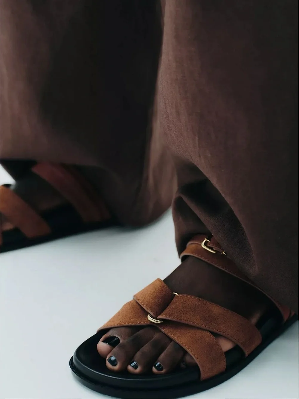 Zara Sandals Women US 7.5 Brown Leather Buckle Slide Flat Minimalist Strappy NWT - Picture 5 of 11